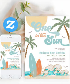 One In The Sun Surfing 1st Birthday Beach Party Invitation