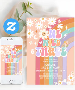 One Wild And Three Daisy Rainbow Groovy Birthday Invitation