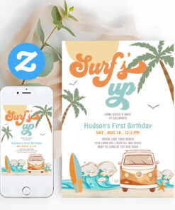 Orange Blue Any Age Boy Surf Up Surf 1st Birthday Invitation