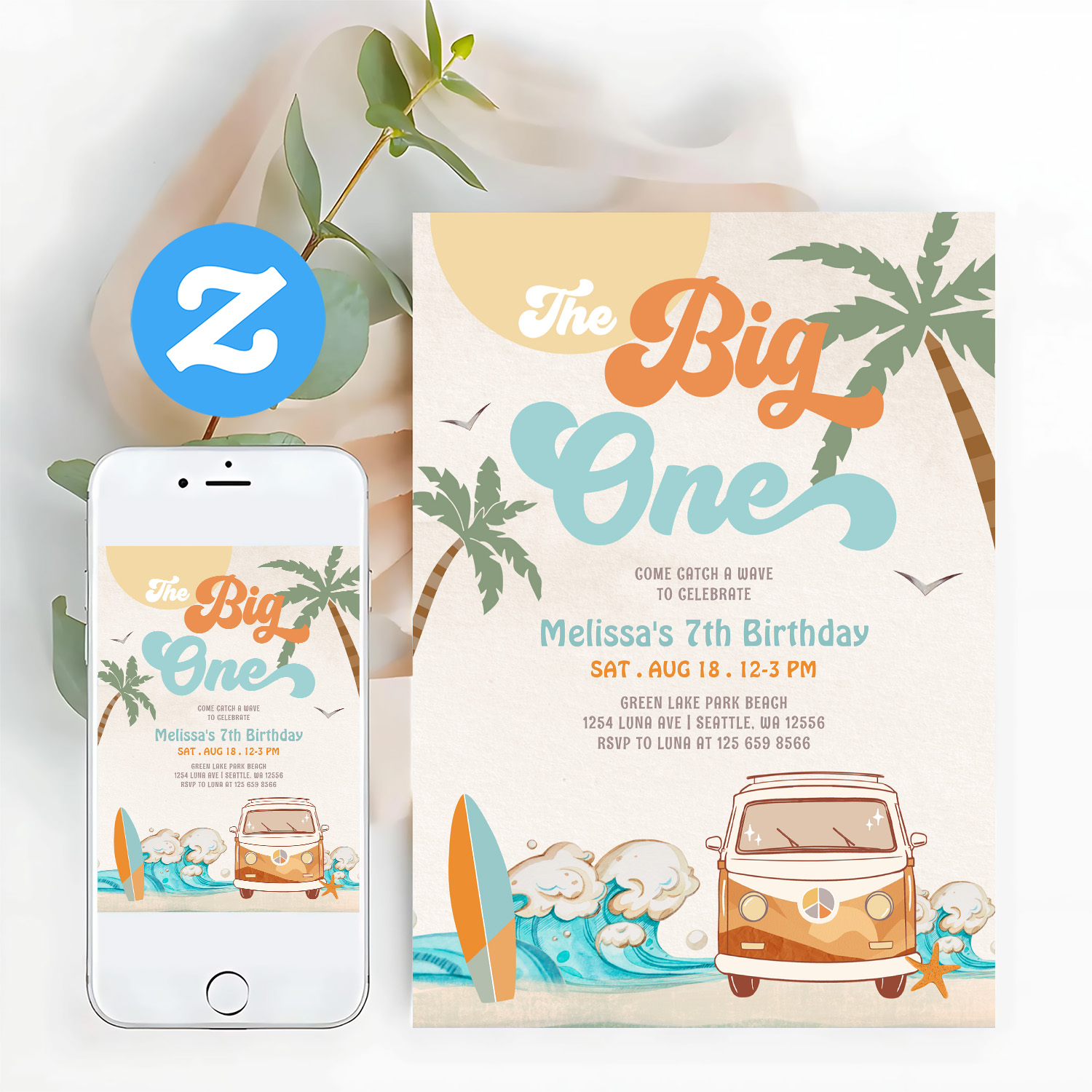 Orange Blue Boy The Big One Surf 1st Birthday Invitation