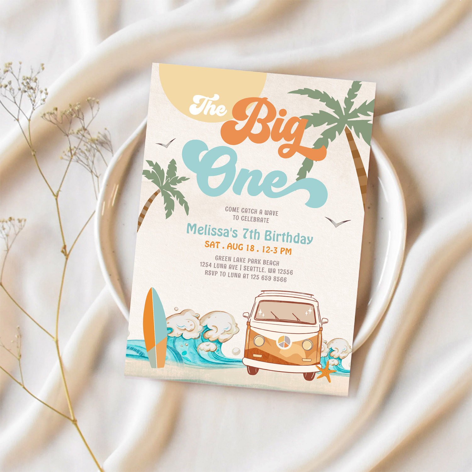 Orange Blue Boy The Big One Surf 1st Birthday Invitation - Image 2