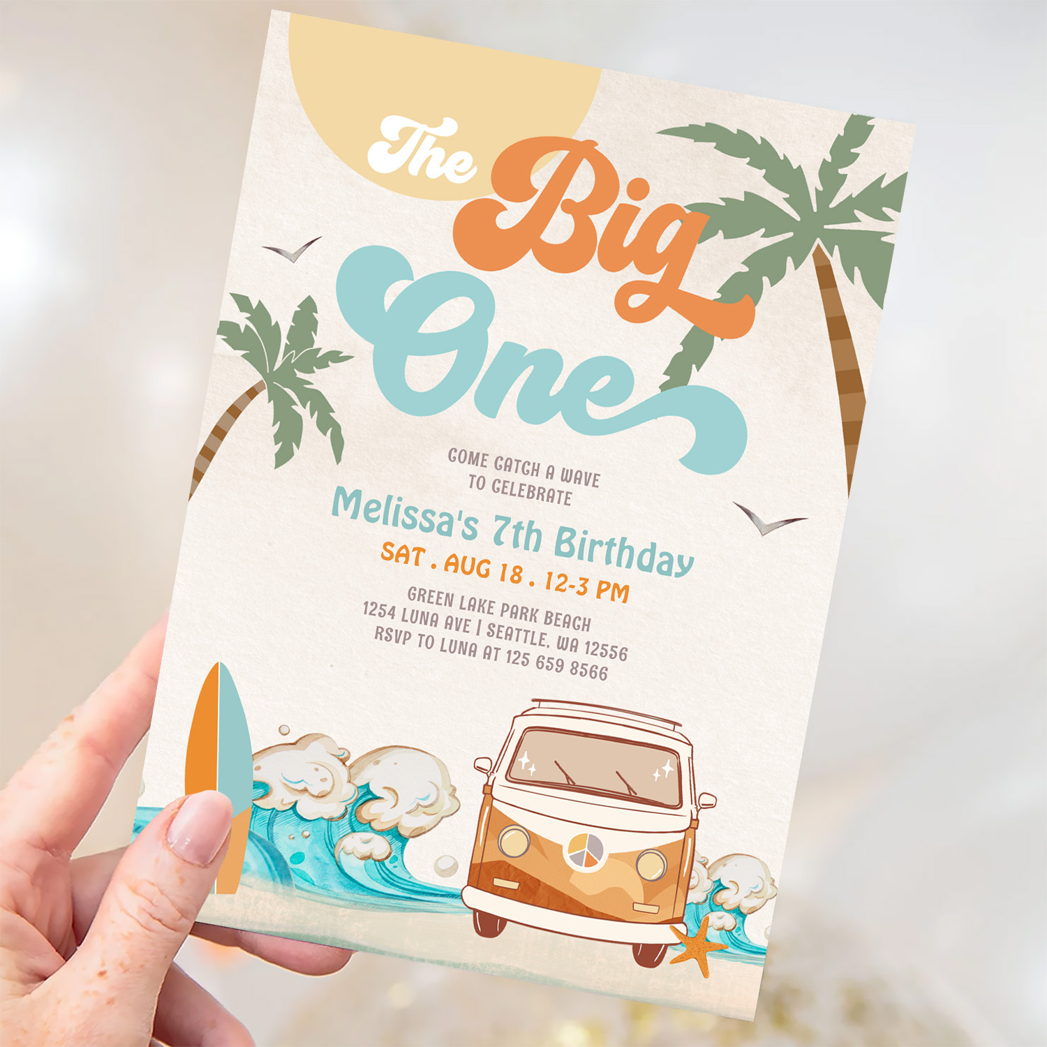 Orange Blue Boy The Big One Surf 1st Birthday Invitation - Image 3