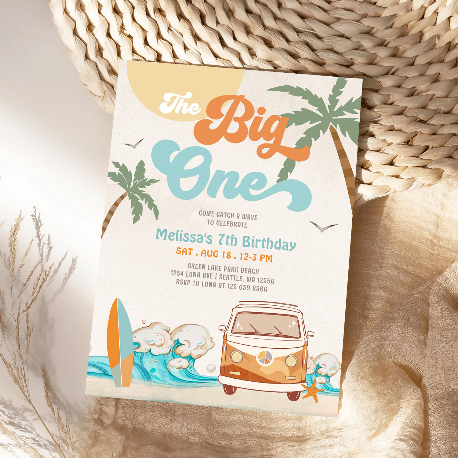 Orange Blue Boy The Big One Surf 1st Birthday Invitation - Image 4