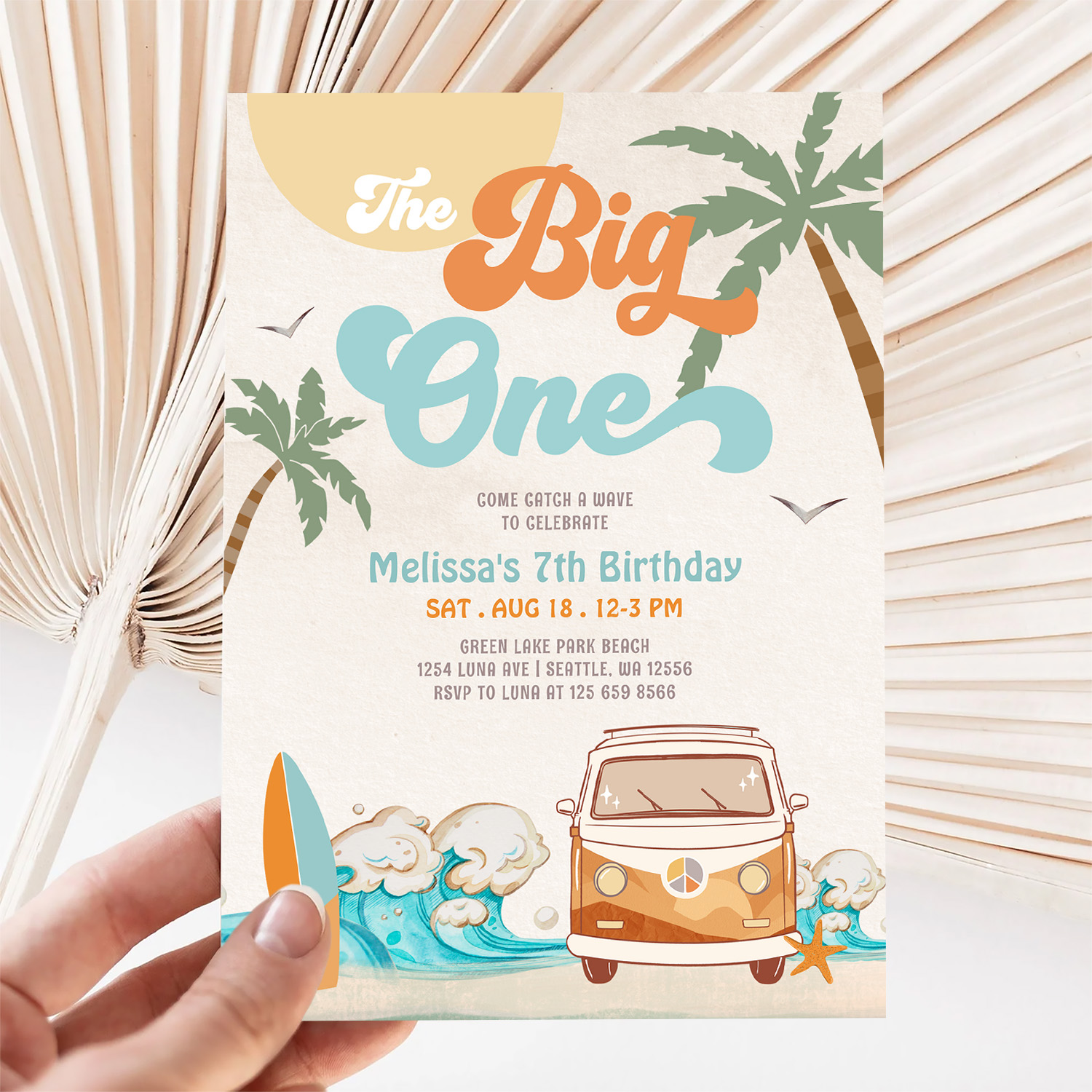 Orange Blue Boy The Big One Surf 1st Birthday Invitation - Image 5