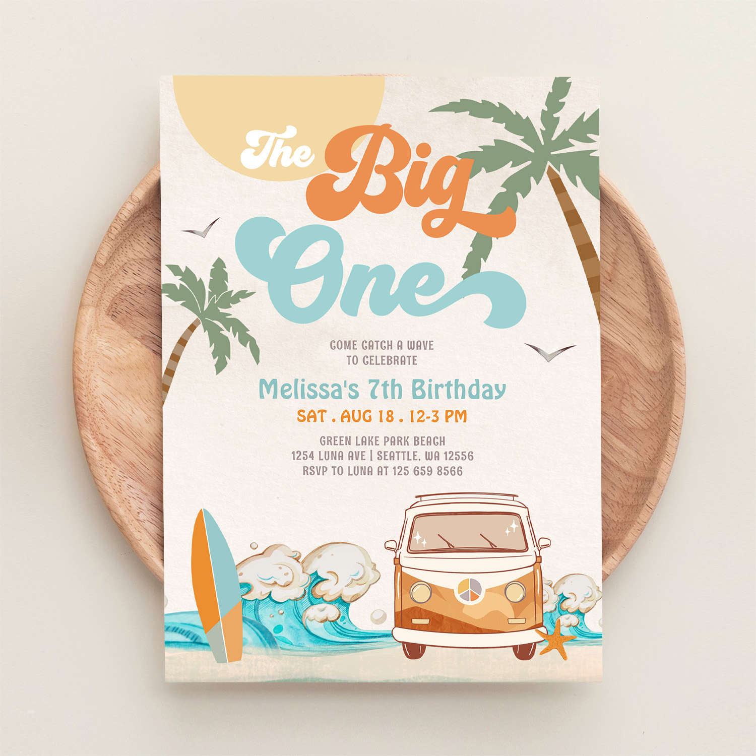 Orange Blue Boy The Big One Surf 1st Birthday Invitation - Image 7