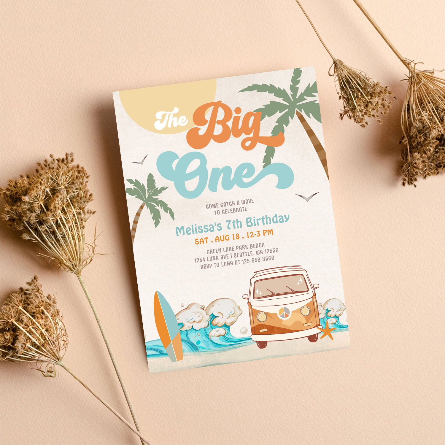 Orange Blue Boy The Big One Surf 1st Birthday Invitation - Image 8