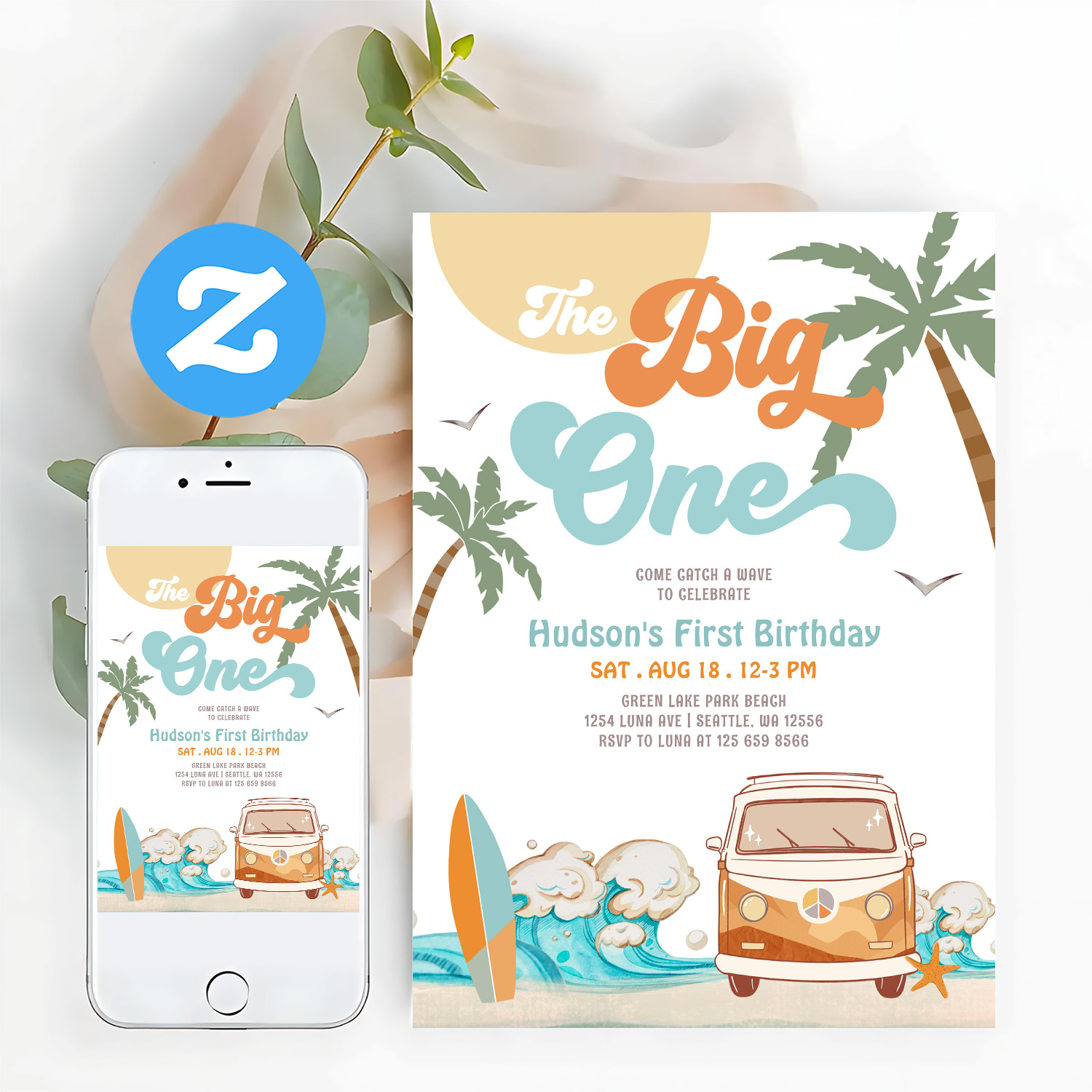 Orange Blue Boy The Big One Surf 1st Birthday Invitation