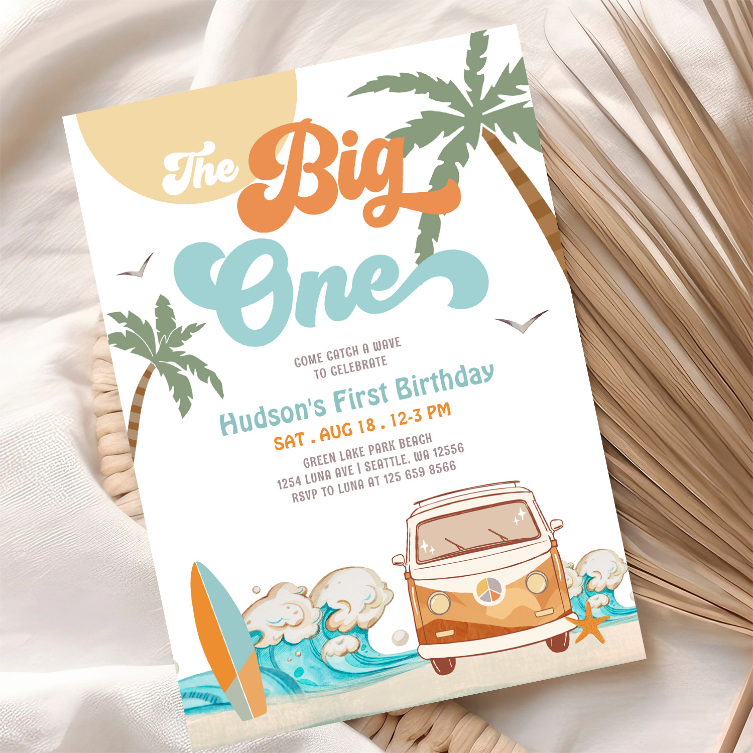 Orange Blue Boy The Big One Surf 1st Birthday Invitation - Image 10