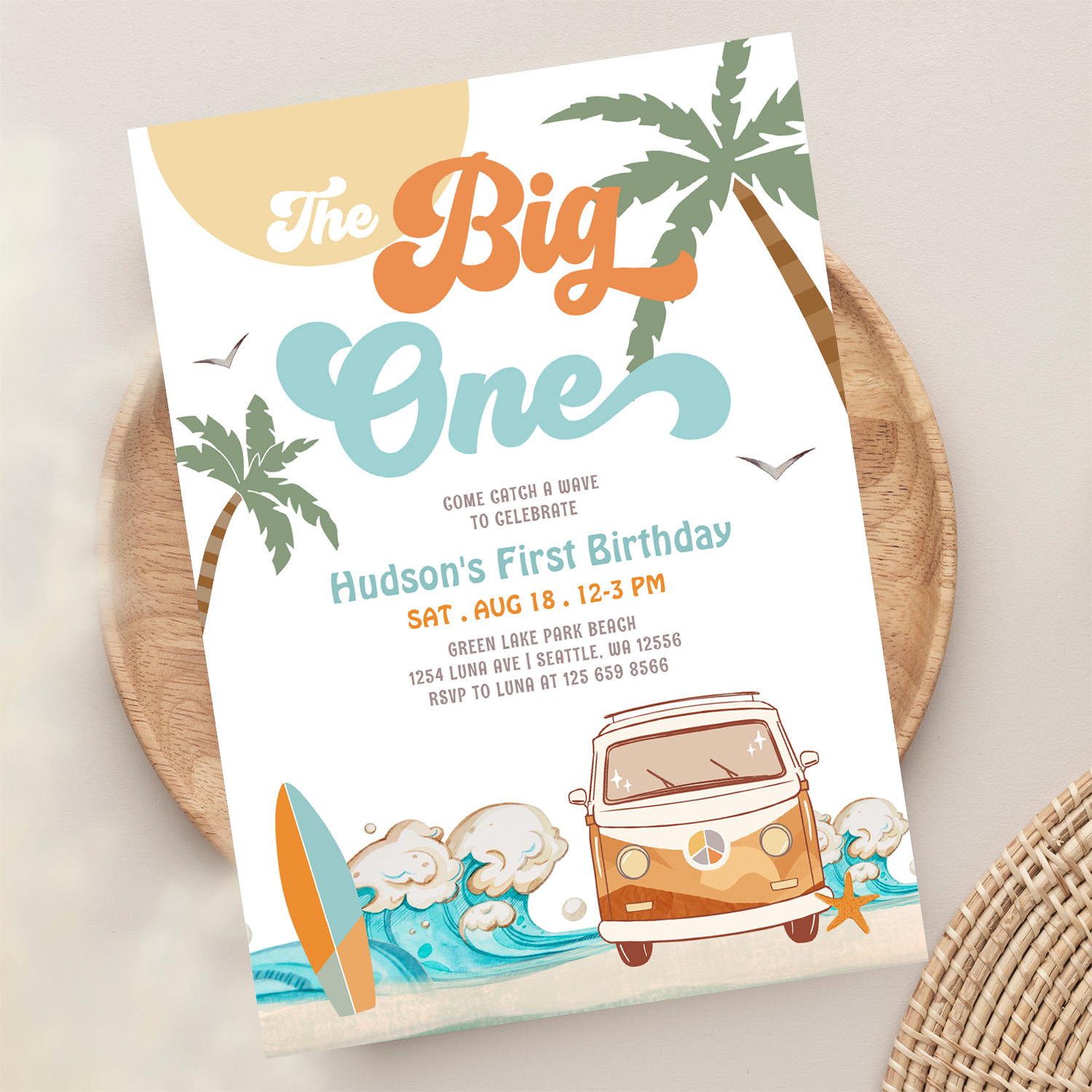 Orange Blue Boy The Big One Surf 1st Birthday Invitation - Image 13
