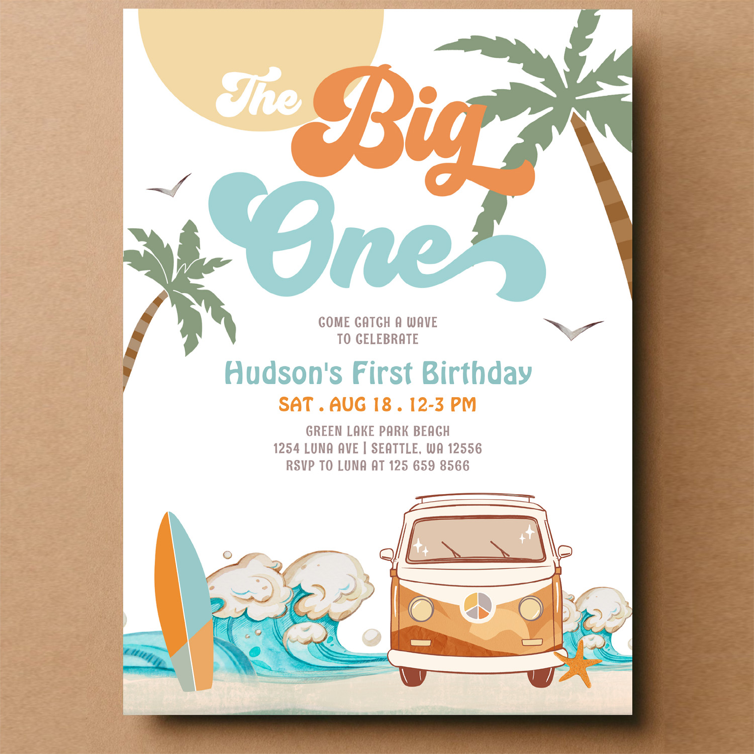 Orange Blue Boy The Big One Surf 1st Birthday Invitation - Image 14