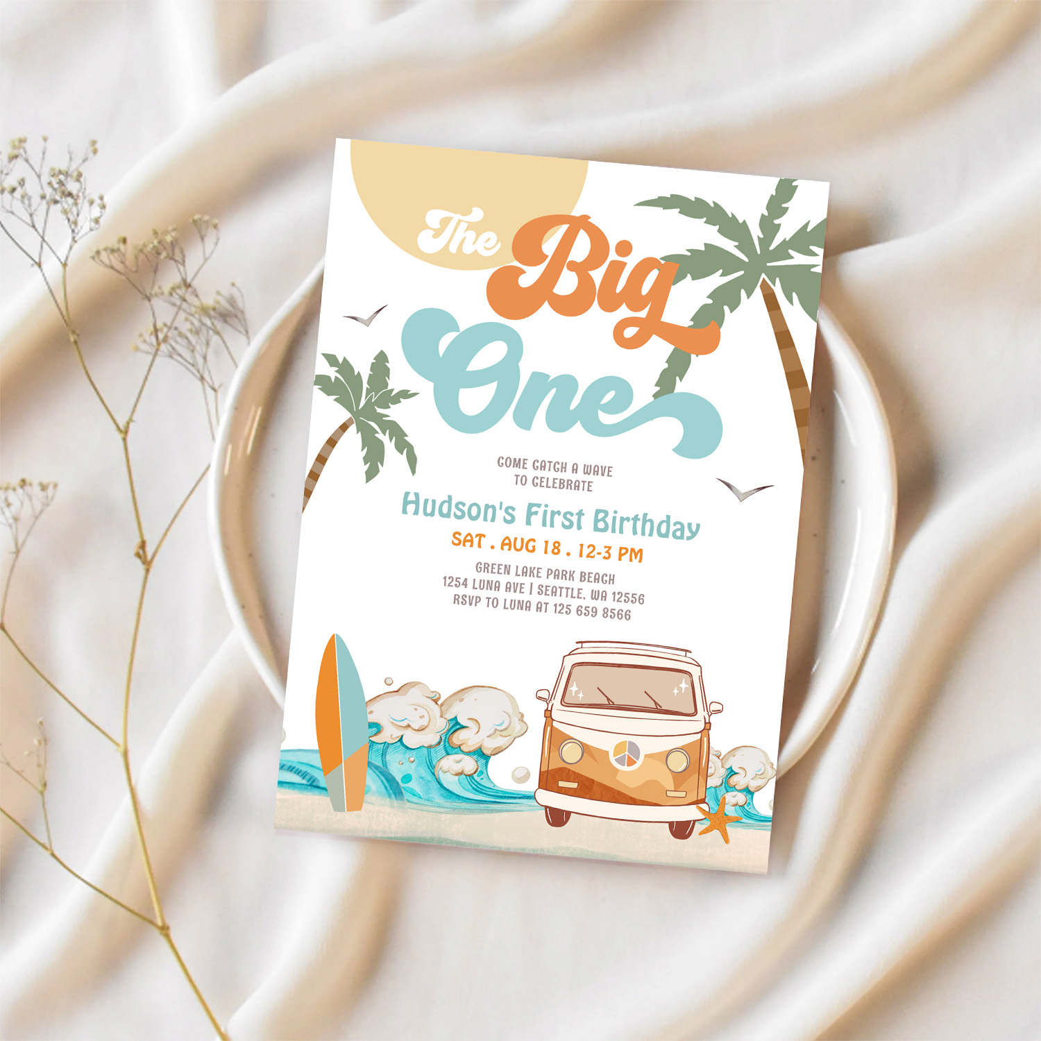 Orange Blue Boy The Big One Surf 1st Birthday Invitation - Image 2