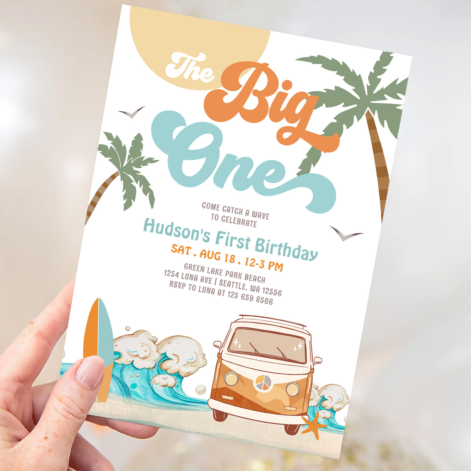 Orange Blue Boy The Big One Surf 1st Birthday Invitation - Image 3