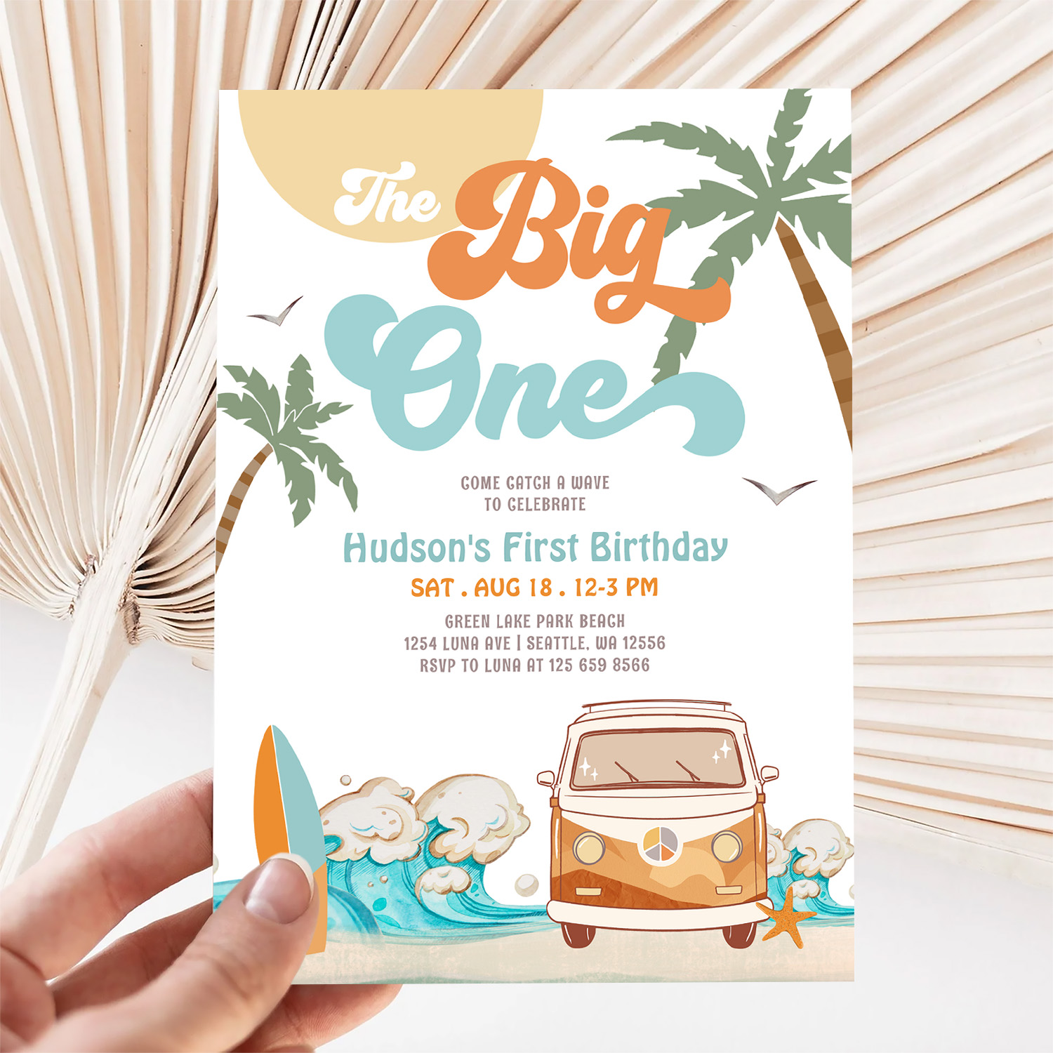 Orange Blue Boy The Big One Surf 1st Birthday Invitation - Image 5