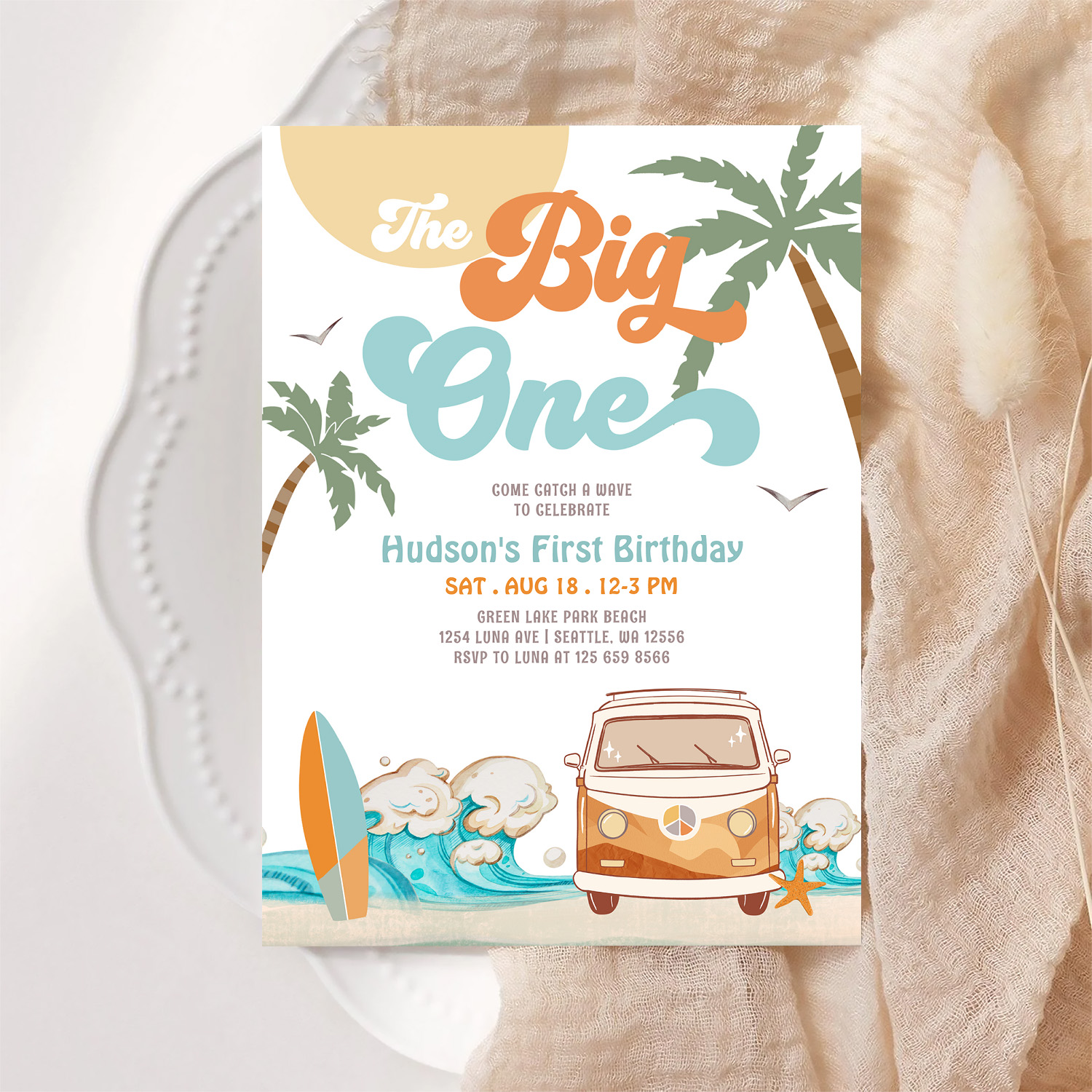 Orange Blue Boy The Big One Surf 1st Birthday Invitation - Image 6
