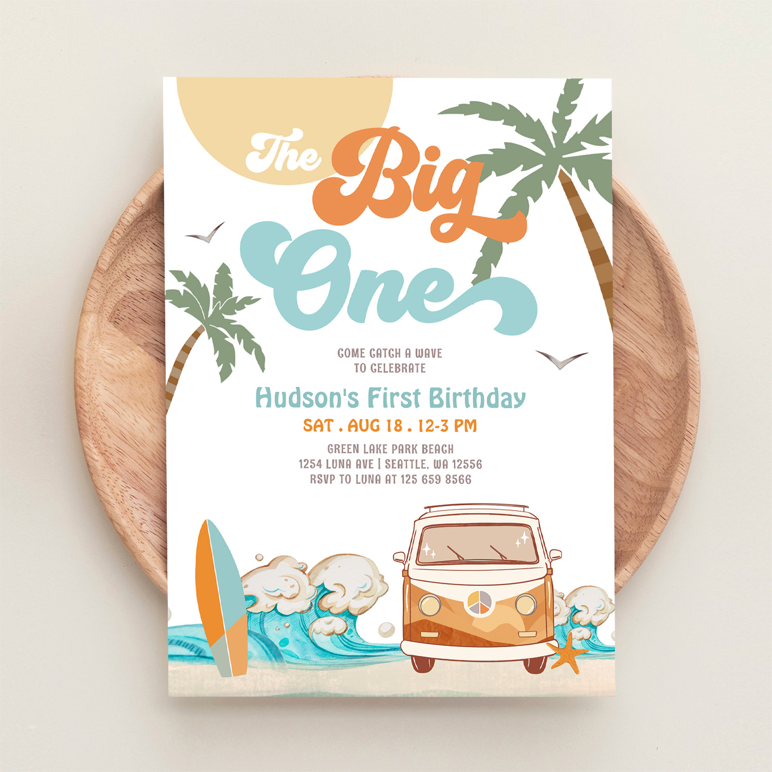 Orange Blue Boy The Big One Surf 1st Birthday Invitation - Image 7