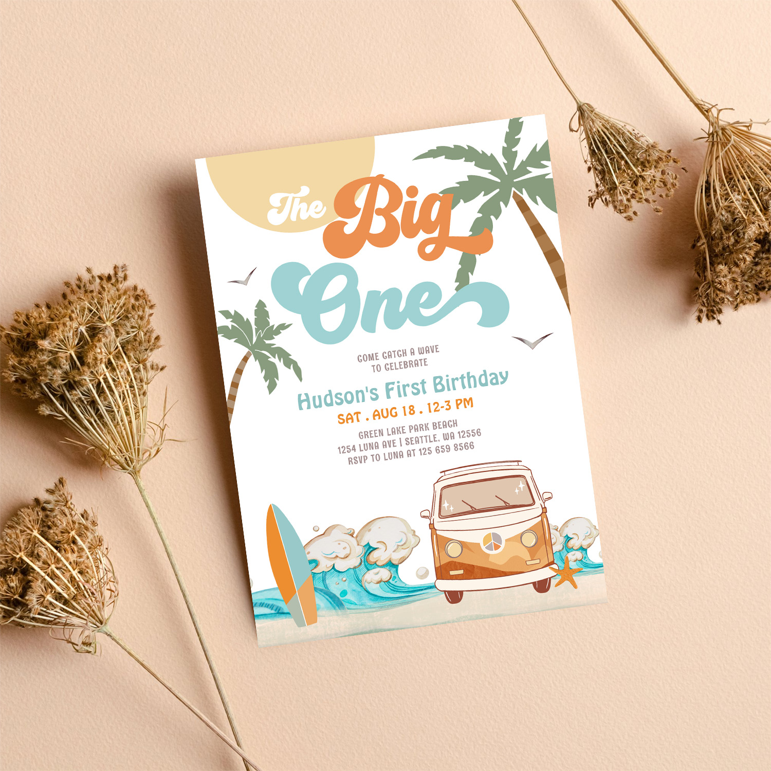 Orange Blue Boy The Big One Surf 1st Birthday Invitation - Image 8