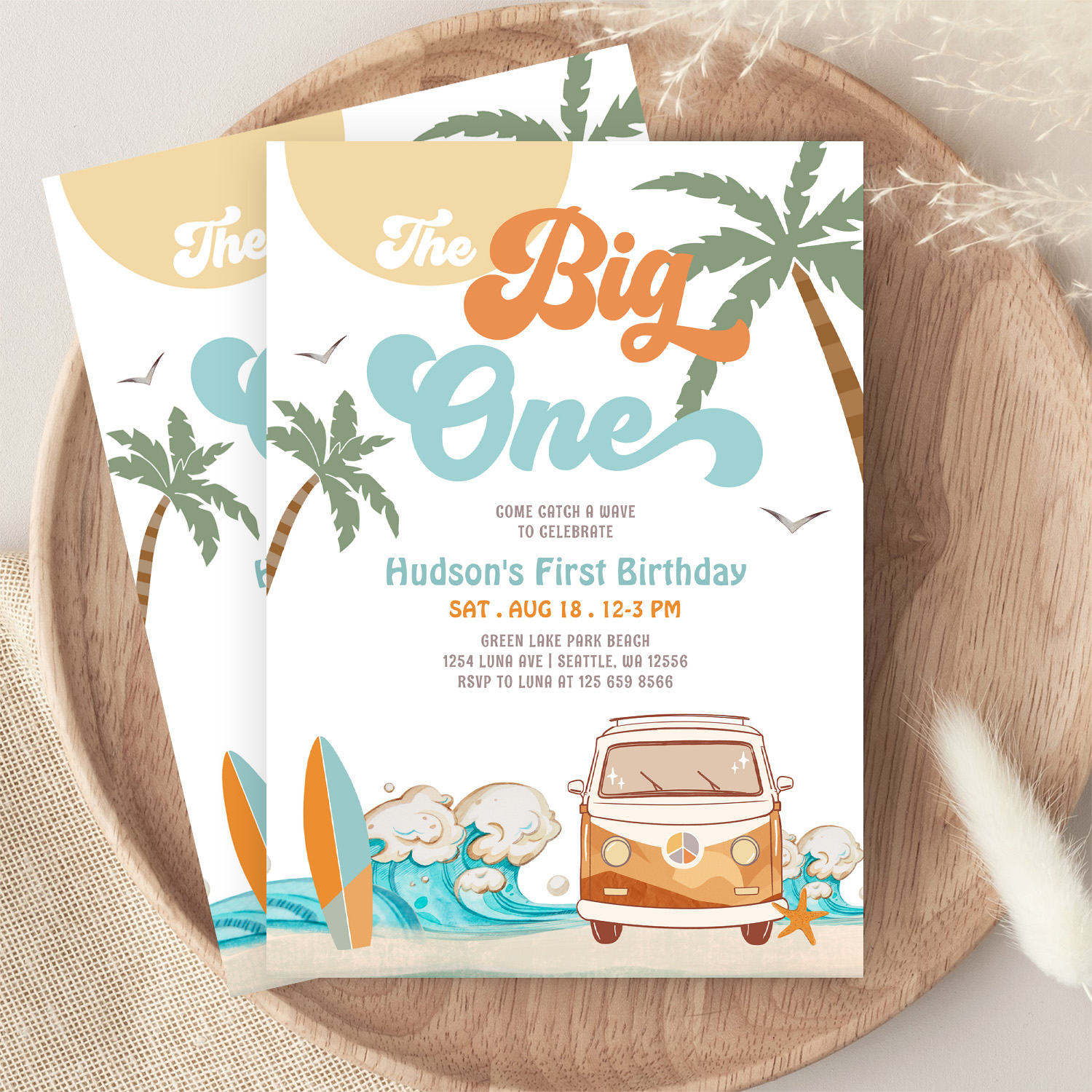 Orange Blue Boy The Big One Surf 1st Birthday Invitation - Image 9