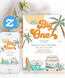 Orange Blue Boy The Big One Surf 1st Birthday Invitation