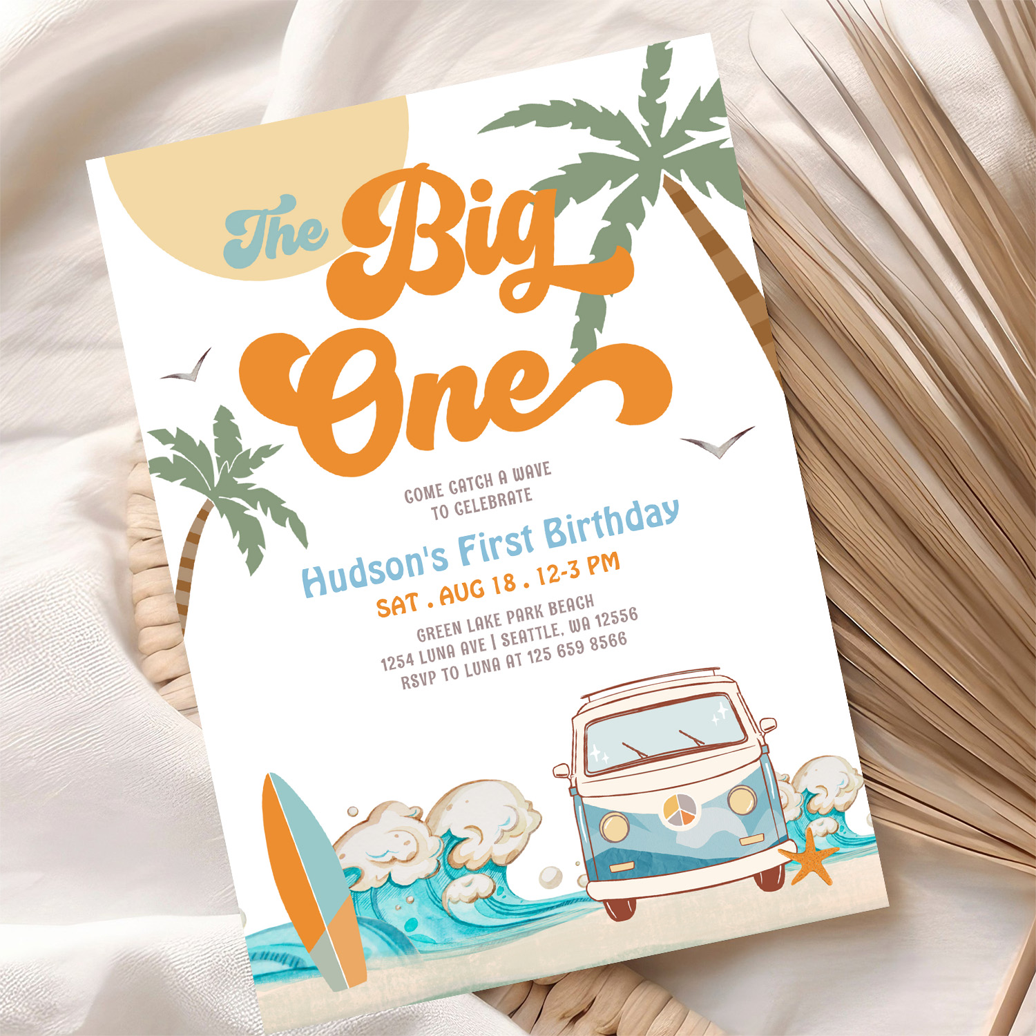 Orange Blue Boy The Big One Surf 1st Birthday Invitation - Image 10