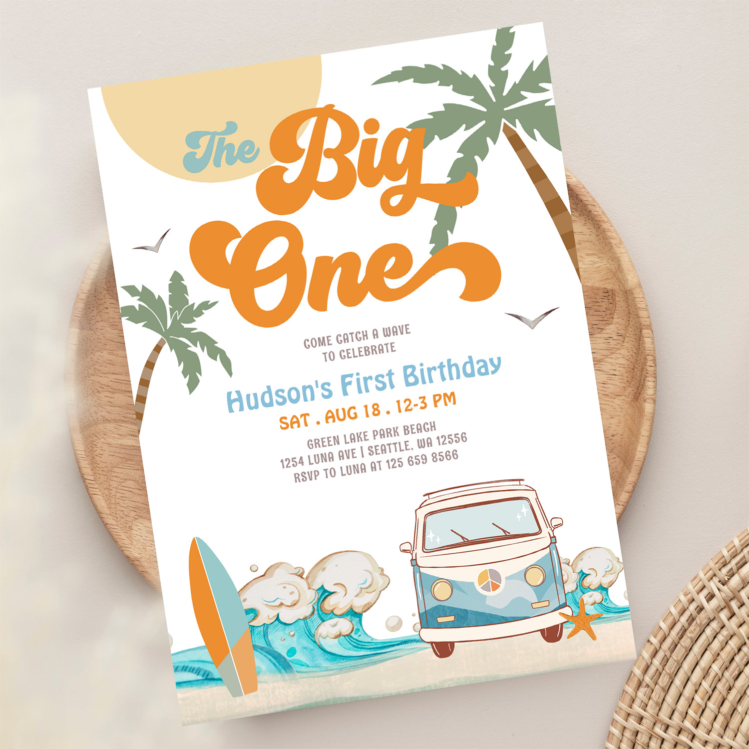 Orange Blue Boy The Big One Surf 1st Birthday Invitation - Image 13