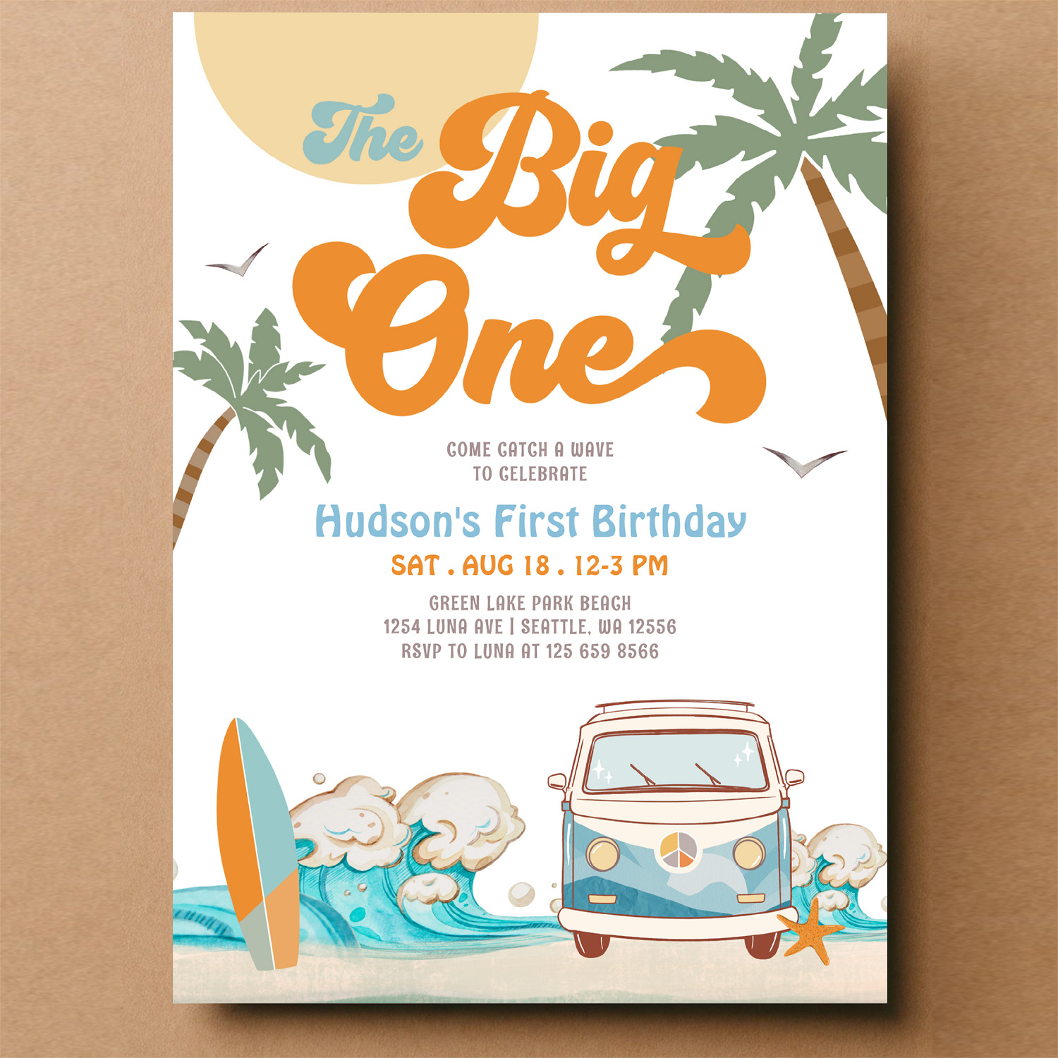 Orange Blue Boy The Big One Surf 1st Birthday Invitation - Image 14