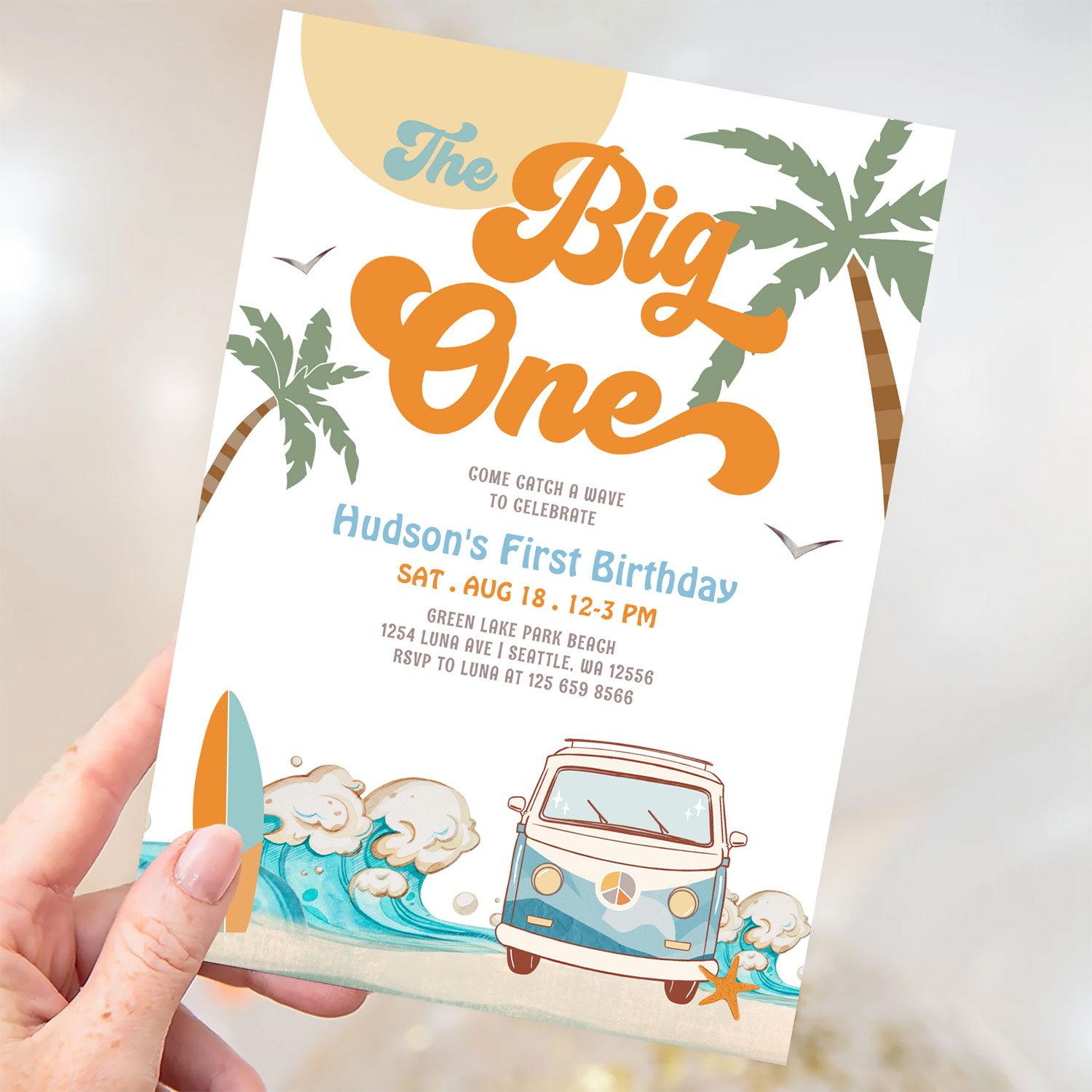 Orange Blue Boy The Big One Surf 1st Birthday Invitation - Image 3