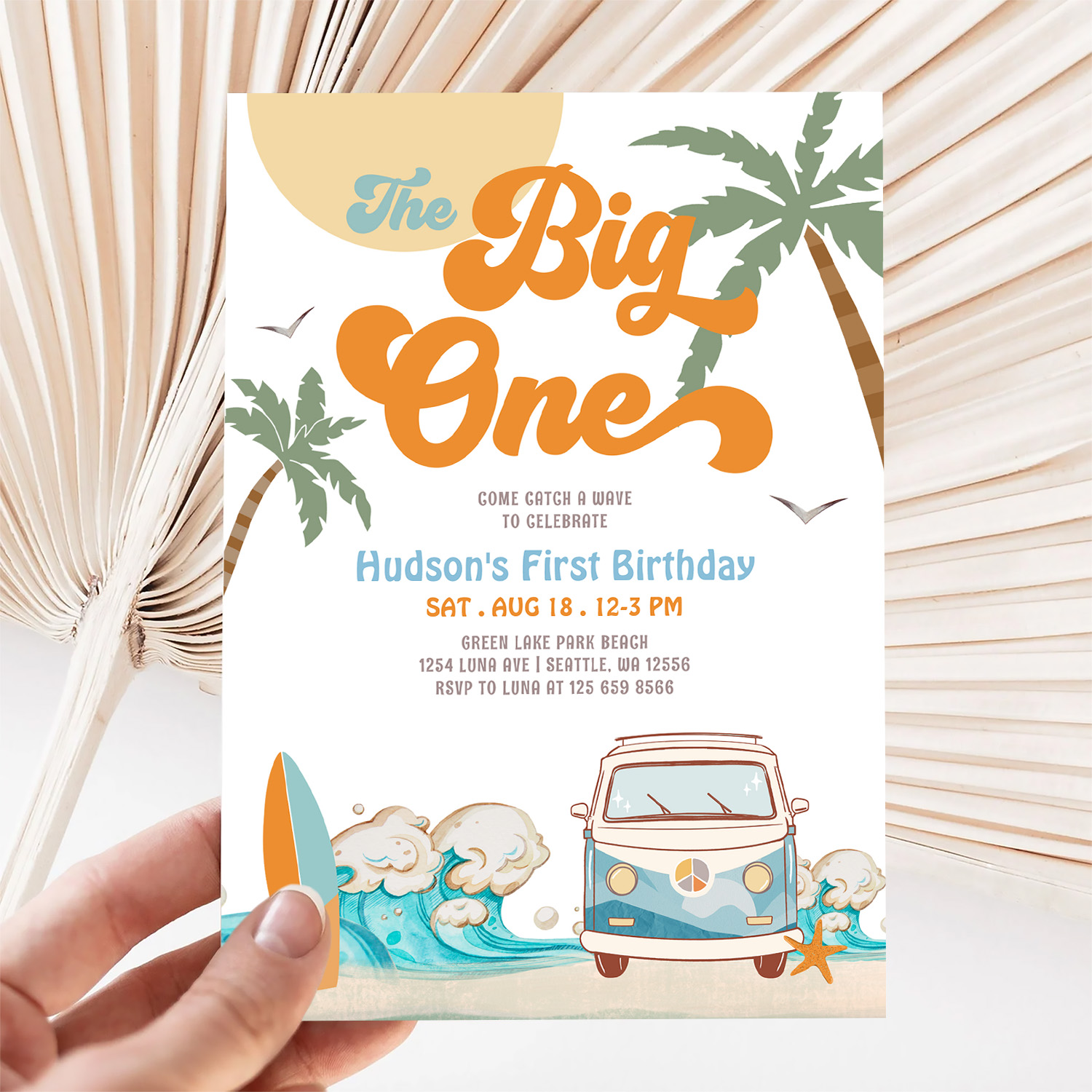 Orange Blue Boy The Big One Surf 1st Birthday Invitation - Image 5