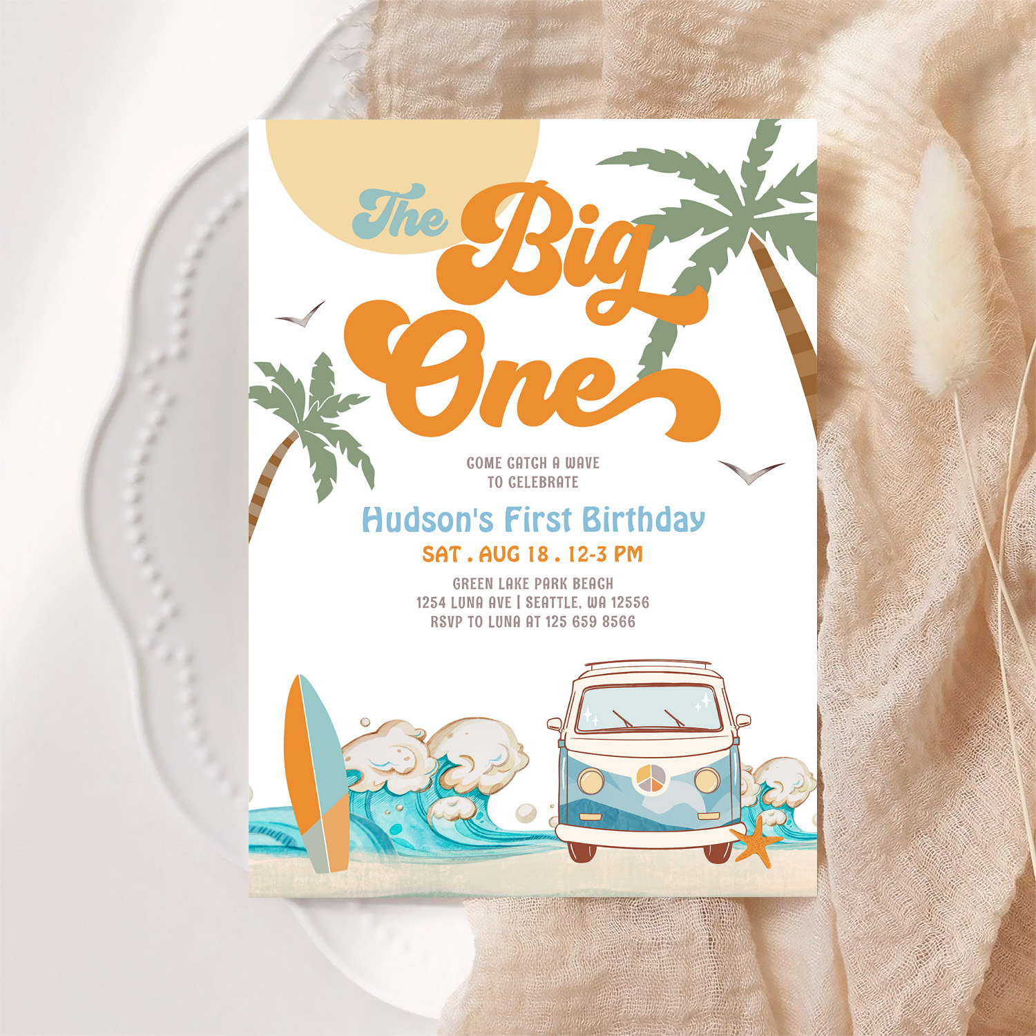 Orange Blue Boy The Big One Surf 1st Birthday Invitation - Image 6