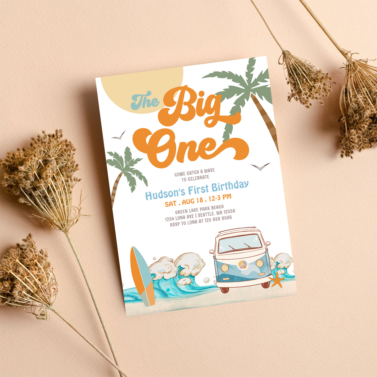 Orange Blue Boy The Big One Surf 1st Birthday Invitation - Image 8