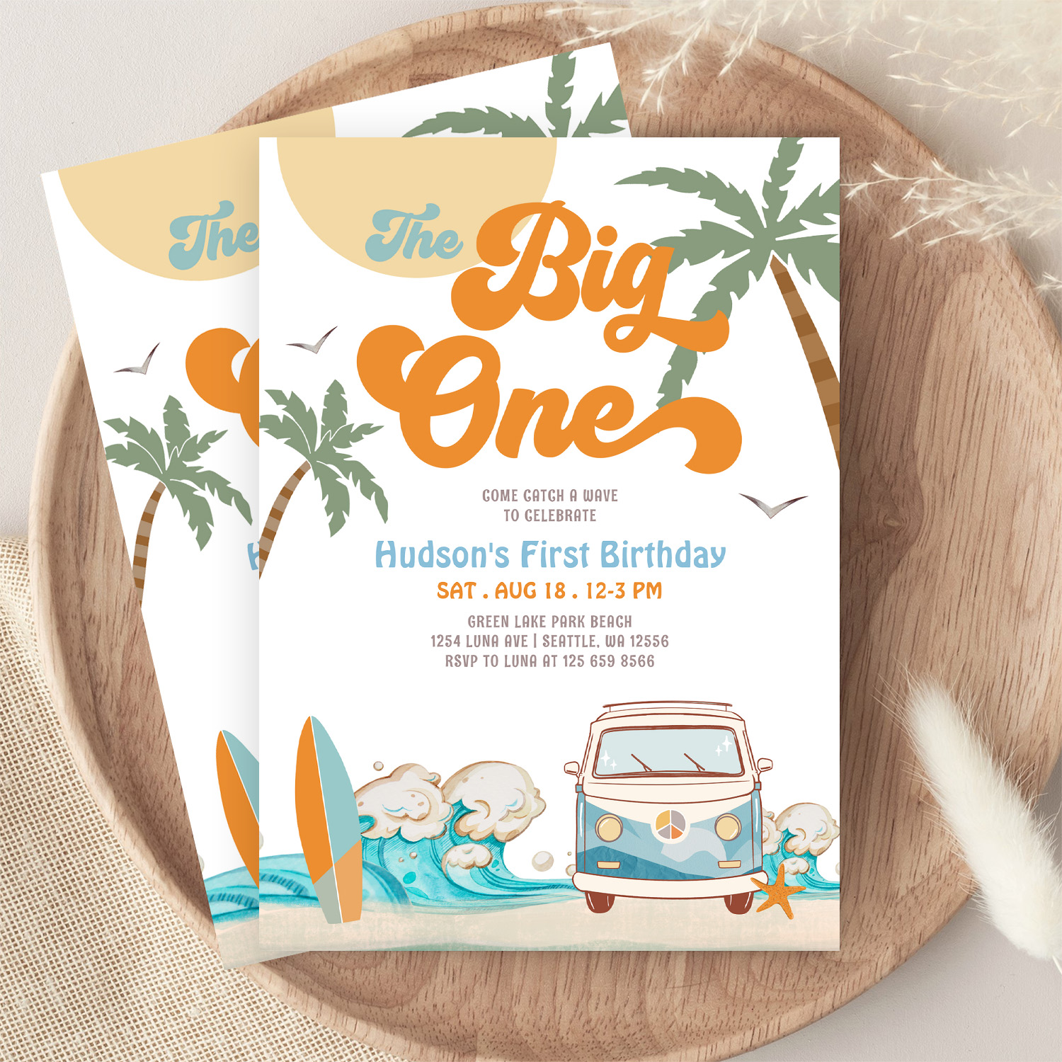 Orange Blue Boy The Big One Surf 1st Birthday Invitation - Image 9