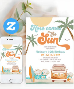 Orange Blue Here Comes The Sun Boy Birthday Party Invitation