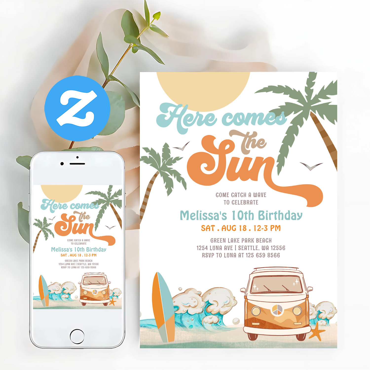 Orange Blue Here Comes The Sun Boy Birthday Party Invitation