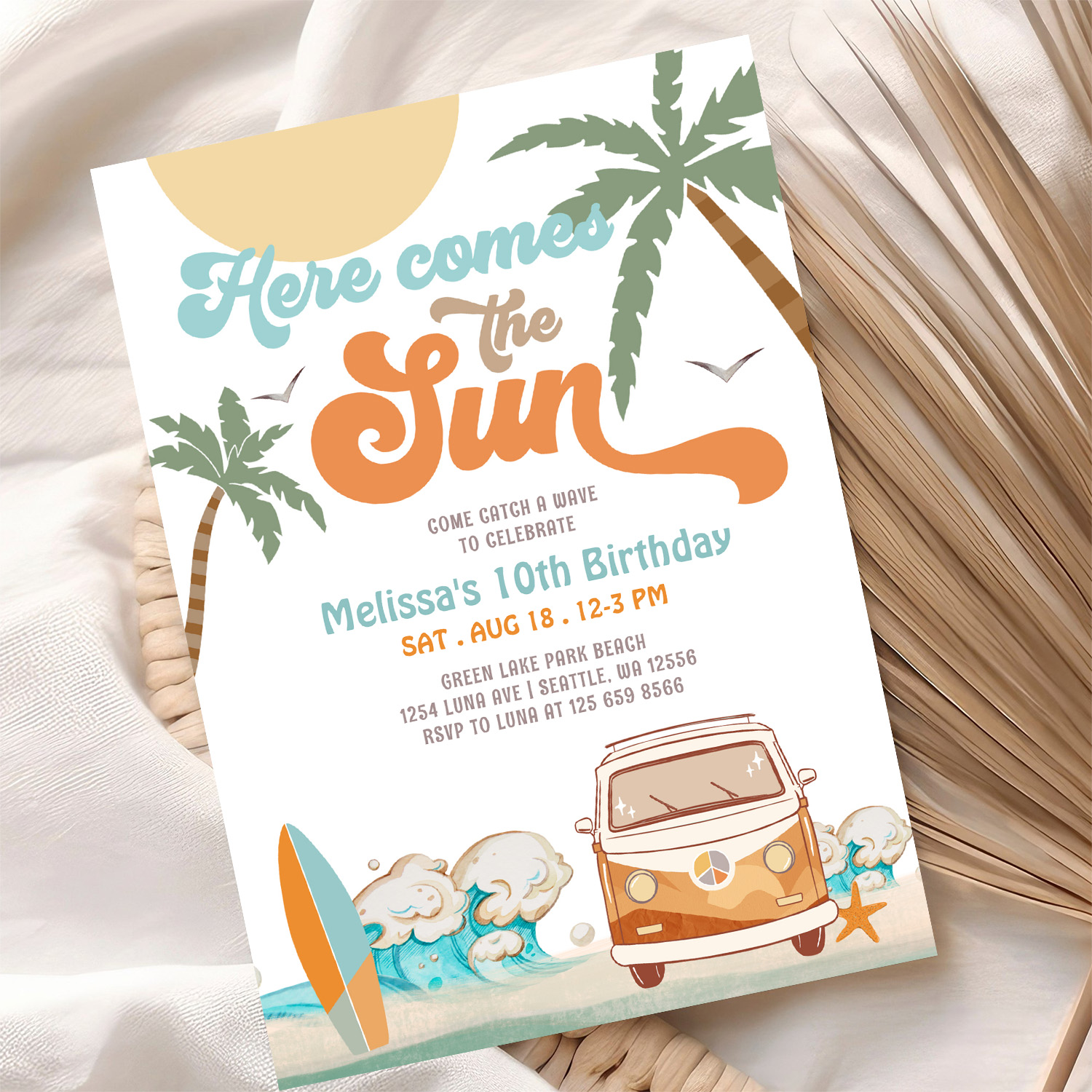 Orange Blue Here Comes The Sun Boy Birthday Party Invitation - Image 10