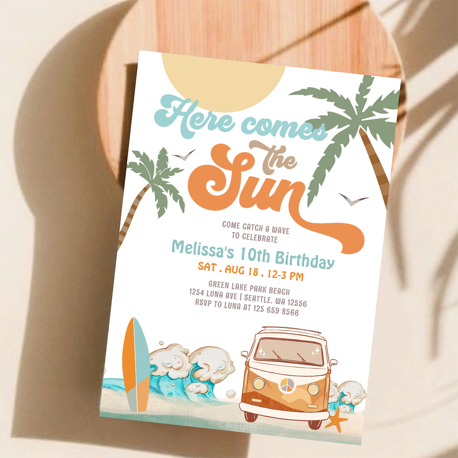Orange Blue Here Comes The Sun Boy Birthday Party Invitation - Image 11