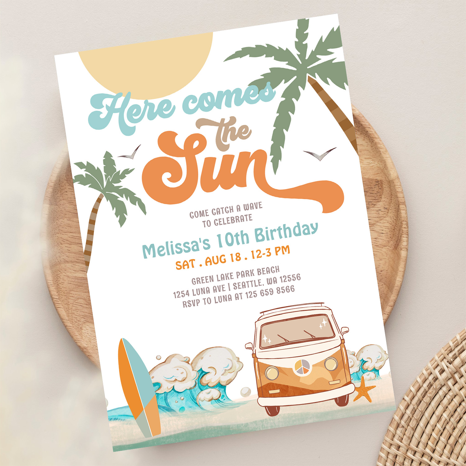 Orange Blue Here Comes The Sun Boy Birthday Party Invitation - Image 13