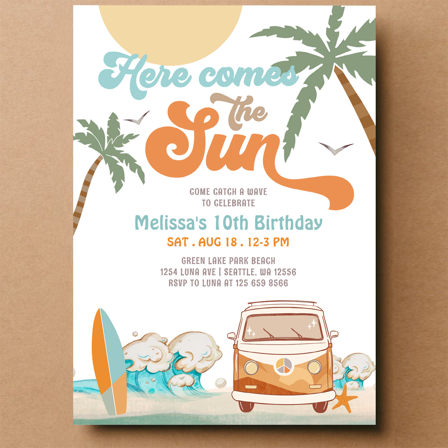 Orange Blue Here Comes The Sun Boy Birthday Party Invitation - Image 14