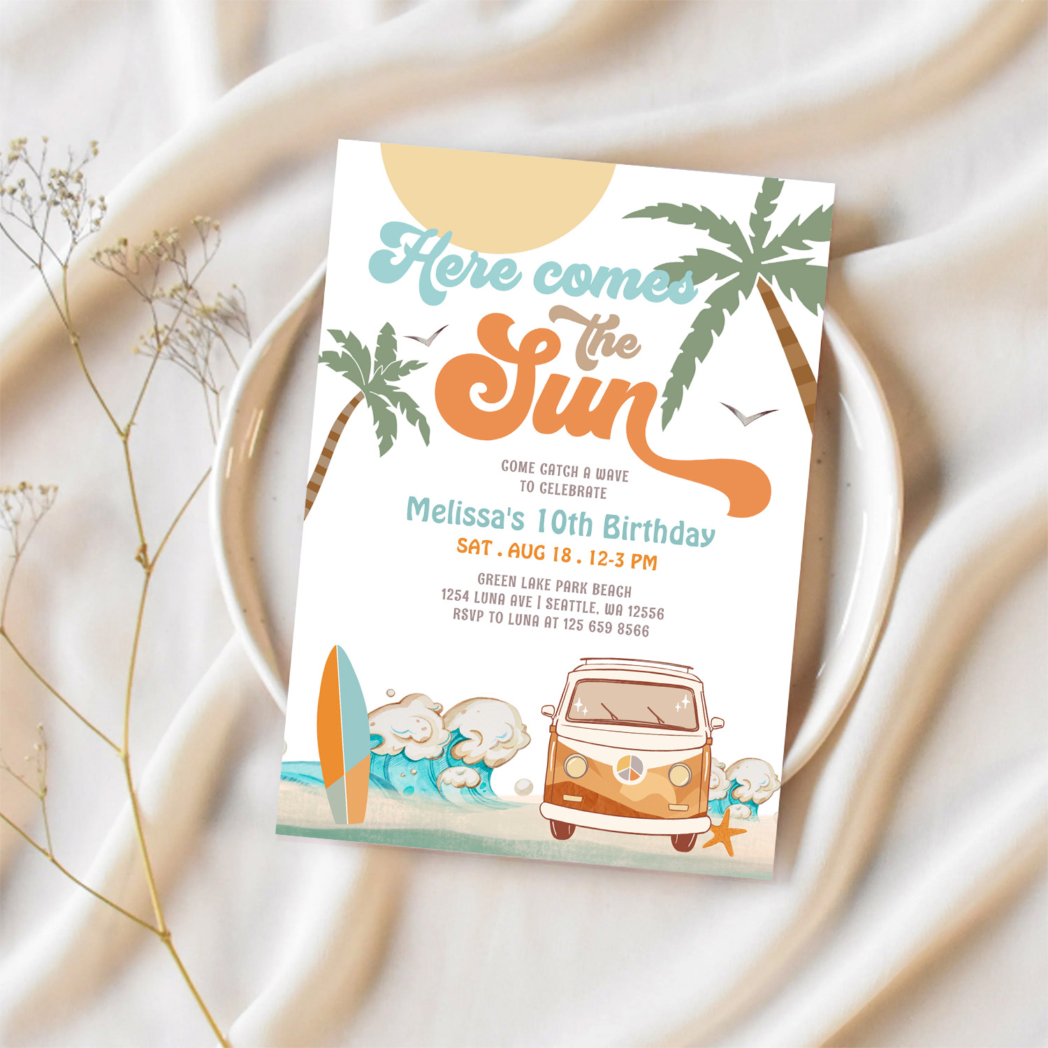 Orange Blue Here Comes The Sun Boy Birthday Party Invitation - Image 2