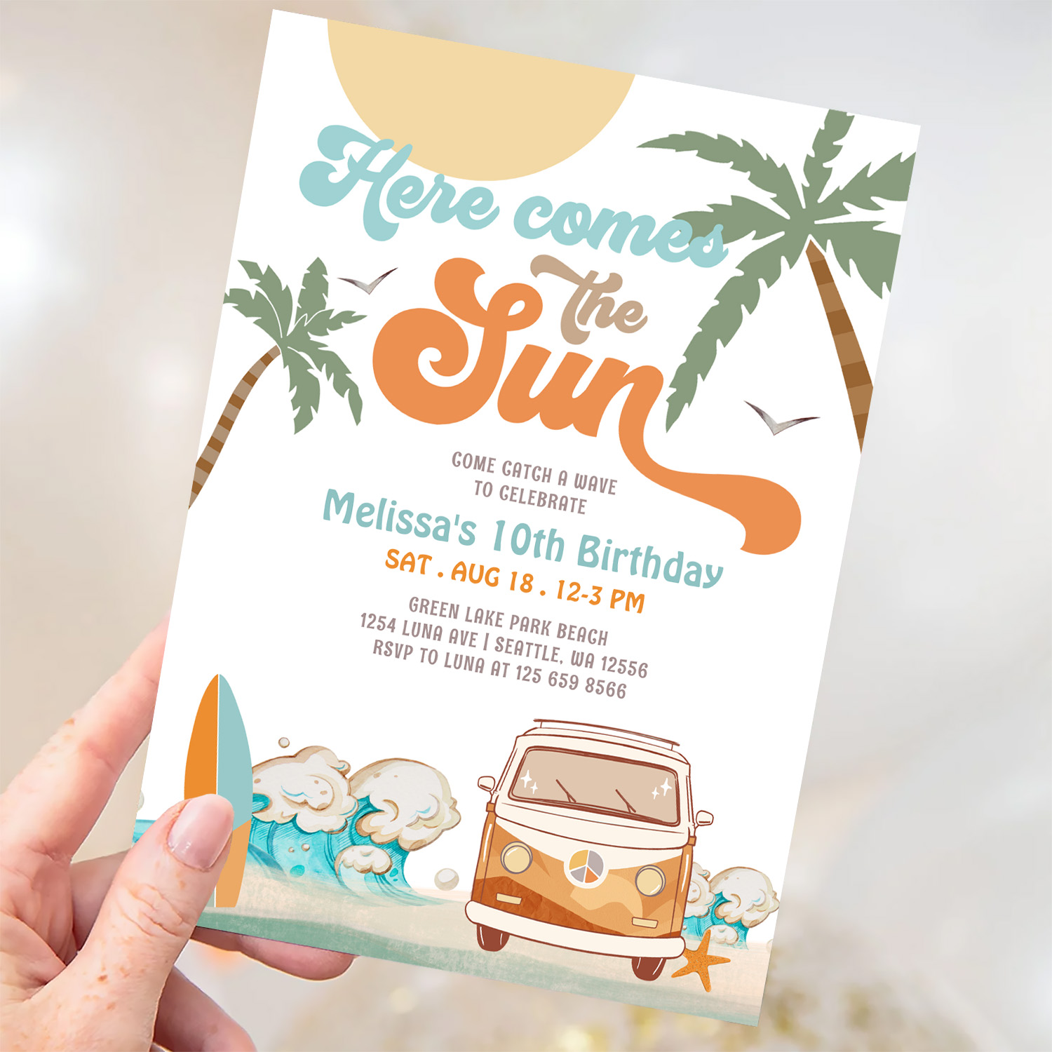 Orange Blue Here Comes The Sun Boy Birthday Party Invitation - Image 3