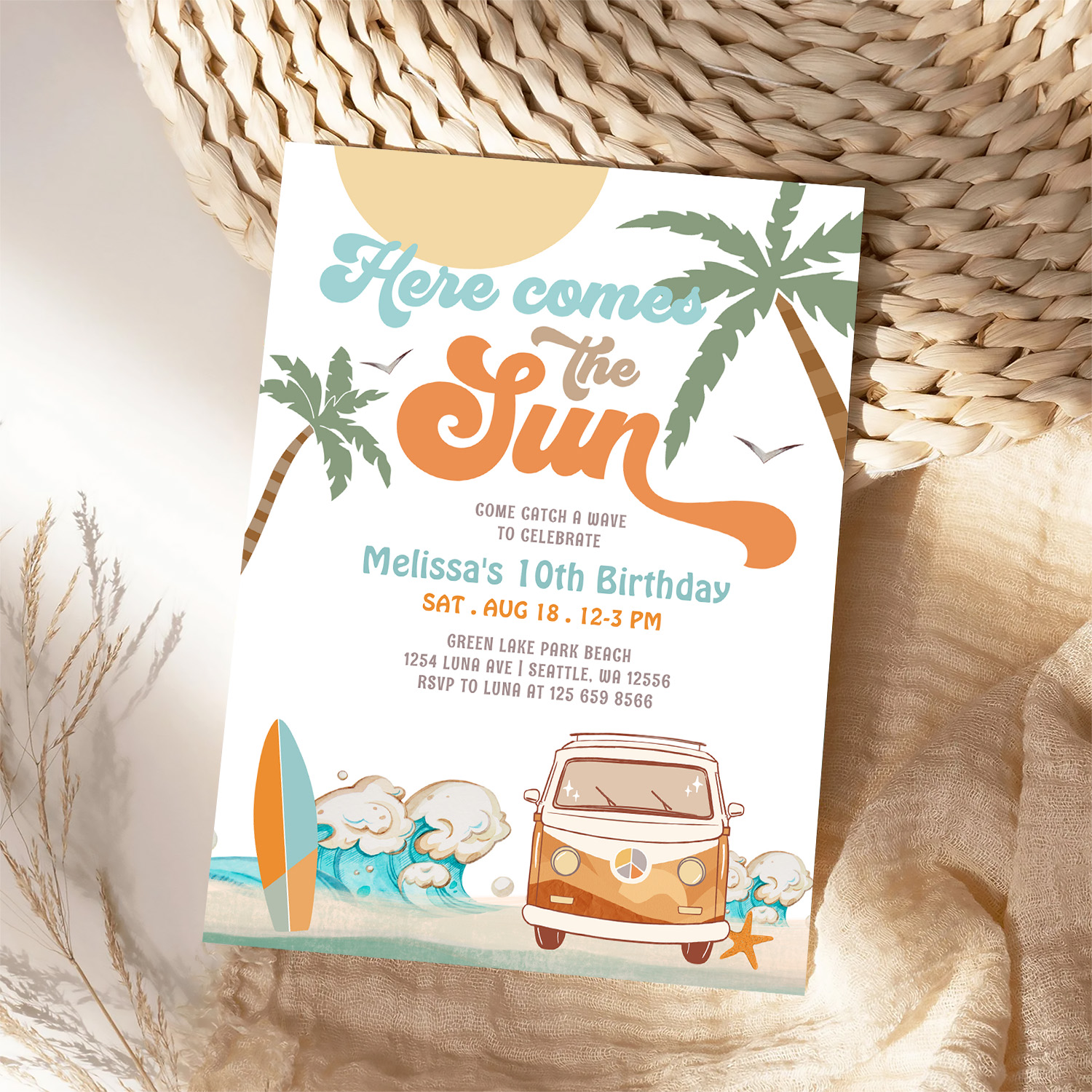 Orange Blue Here Comes The Sun Boy Birthday Party Invitation - Image 4