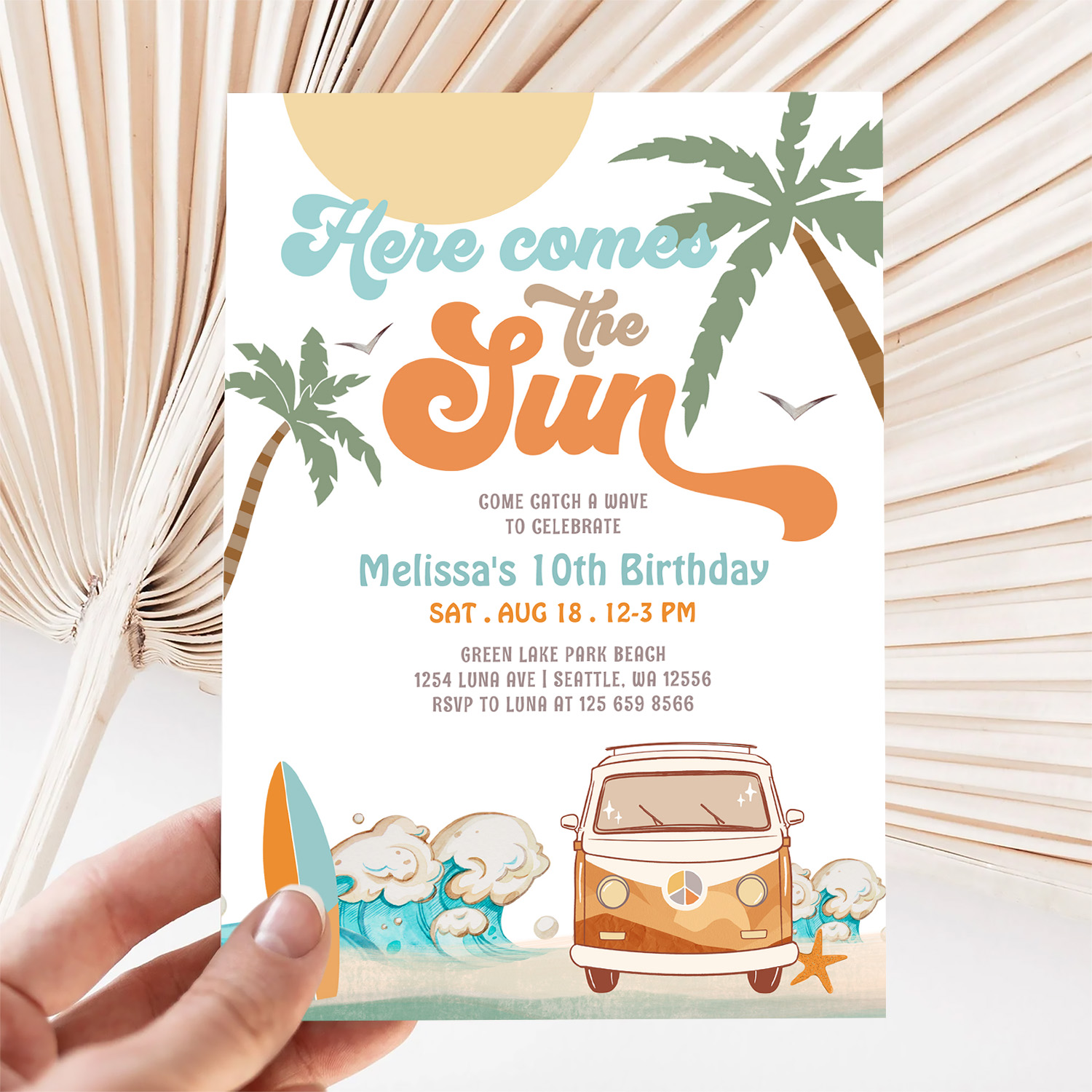 Orange Blue Here Comes The Sun Boy Birthday Party Invitation - Image 5