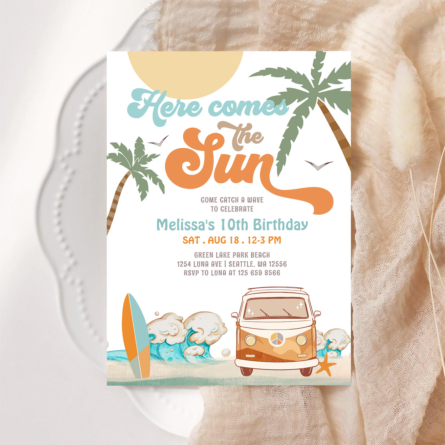 Orange Blue Here Comes The Sun Boy Birthday Party Invitation - Image 6