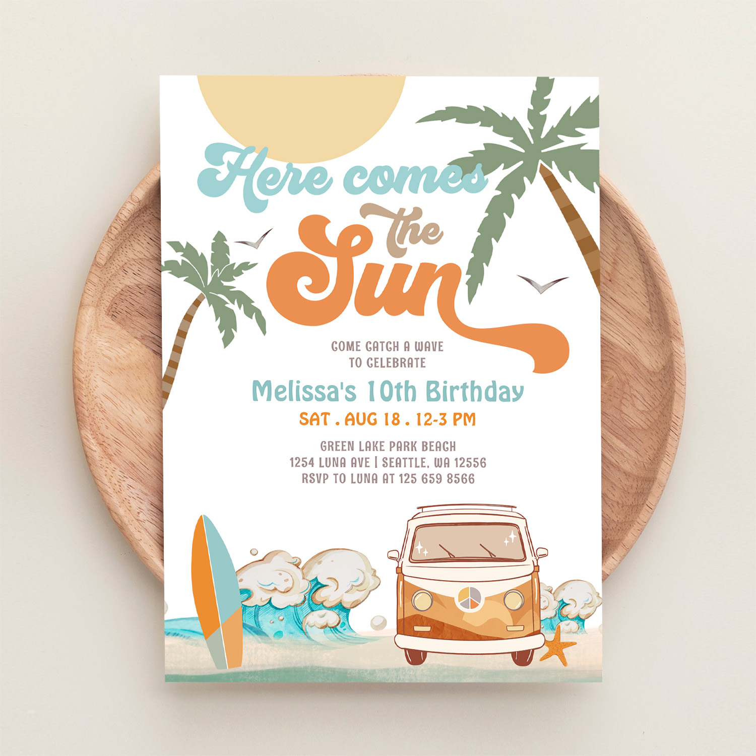Orange Blue Here Comes The Sun Boy Birthday Party Invitation - Image 7
