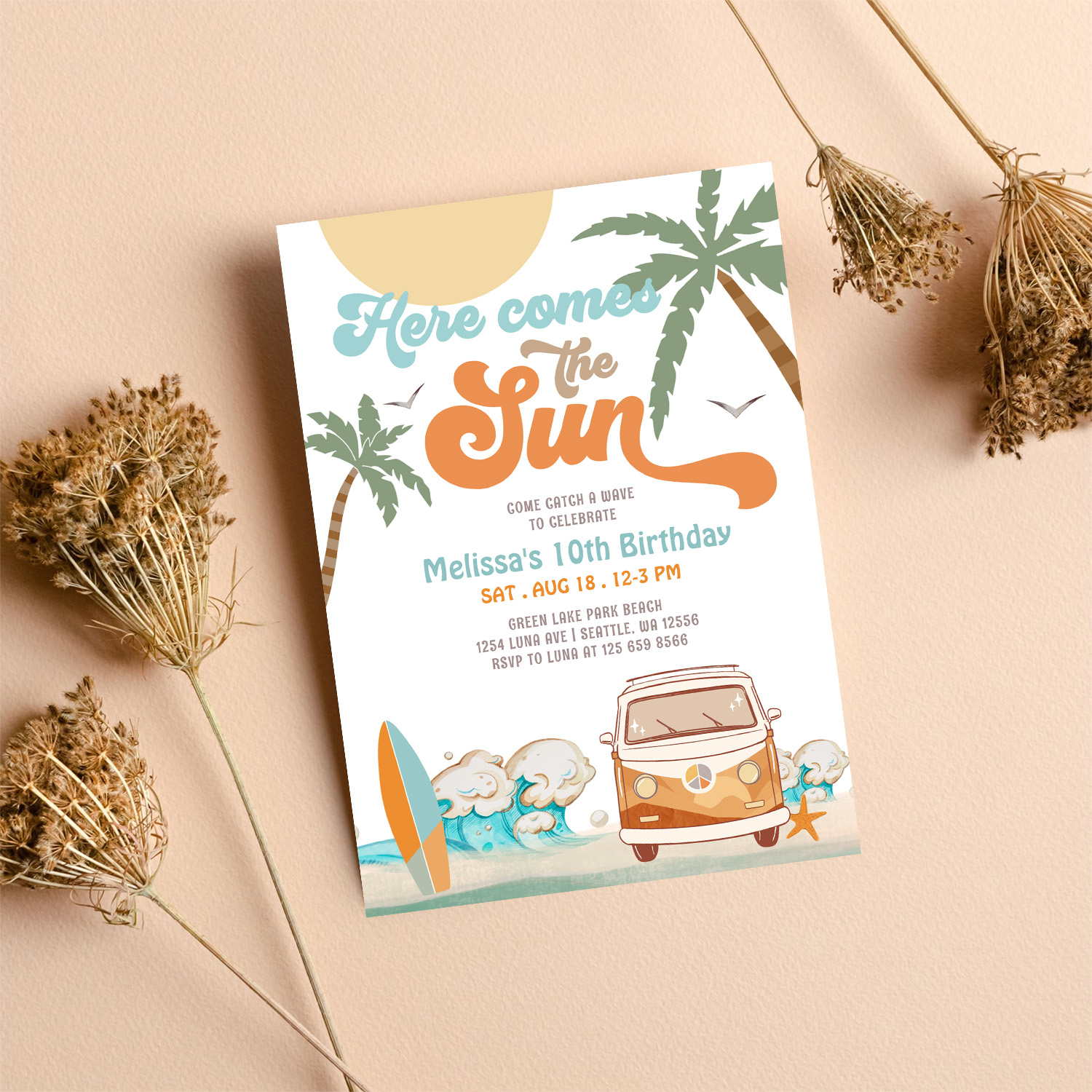 Orange Blue Here Comes The Sun Boy Birthday Party Invitation - Image 8