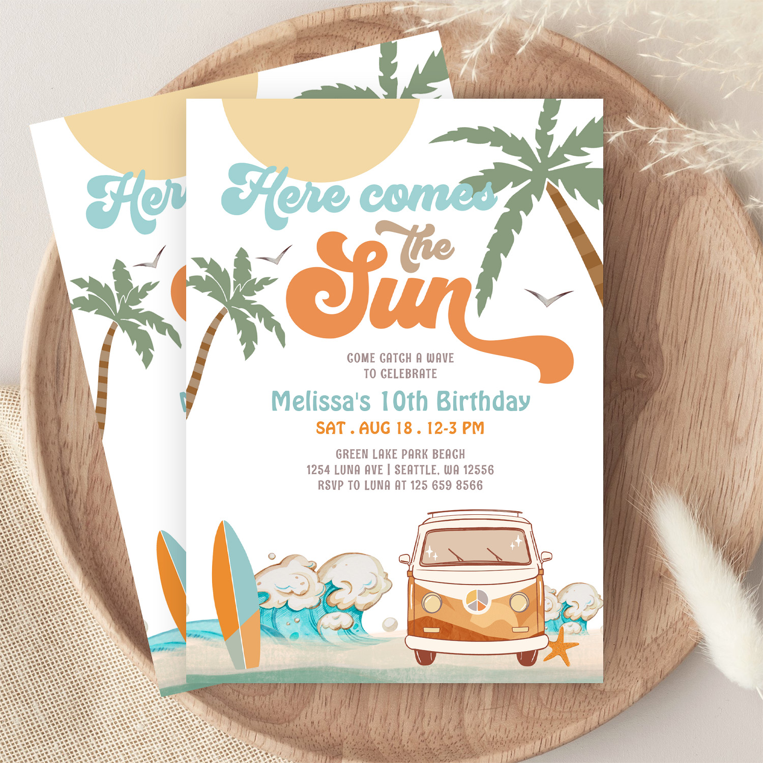 Orange Blue Here Comes The Sun Boy Birthday Party Invitation - Image 9