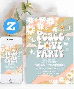 Peace Love Party Daisy Hippie 70S Birthday Invitation