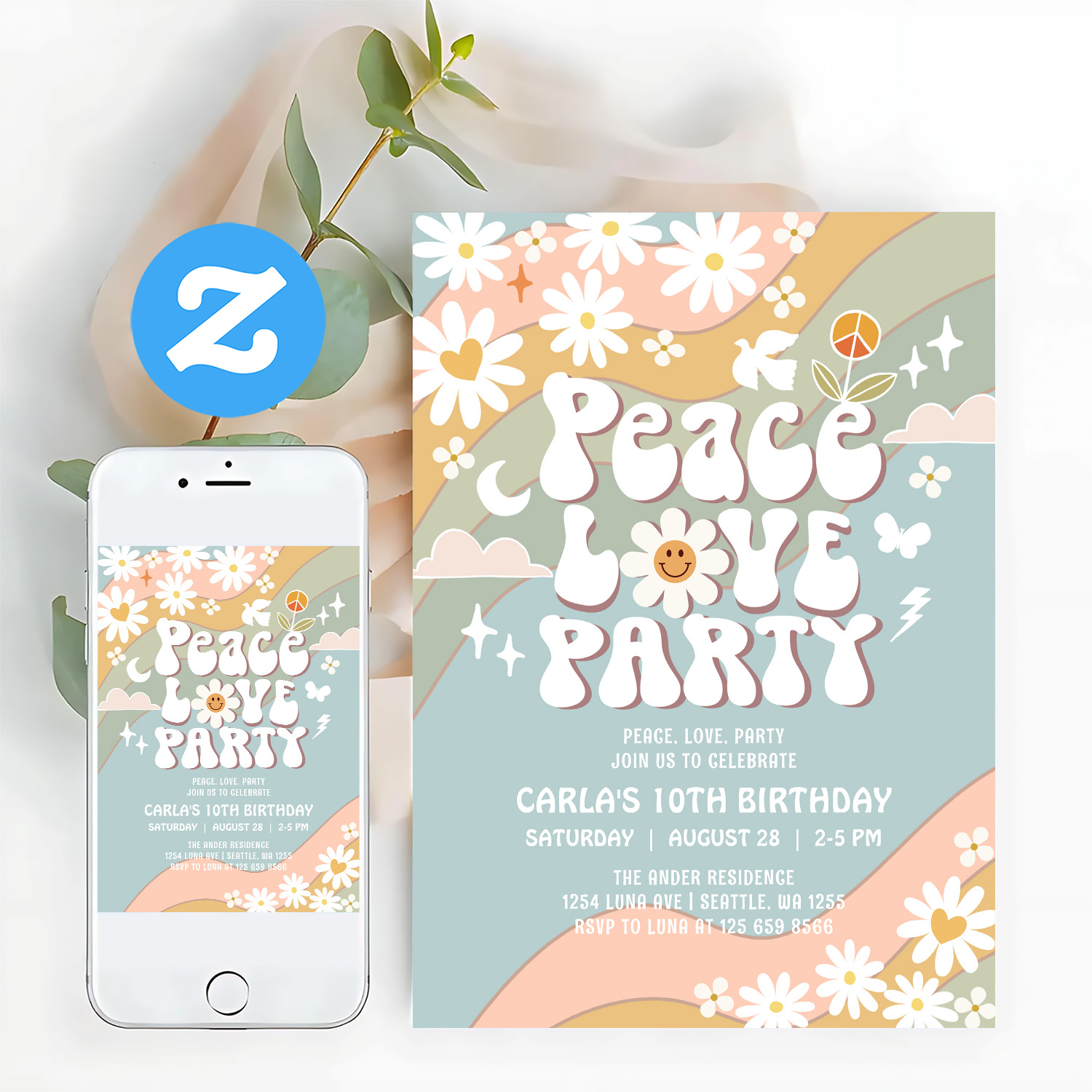 Peace Love Party Daisy Hippie 70S Birthday Invitation
