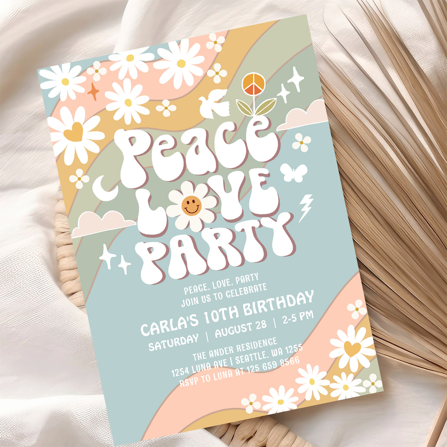 Peace Love Party Daisy Hippie 70S Birthday Invitation - Image 10