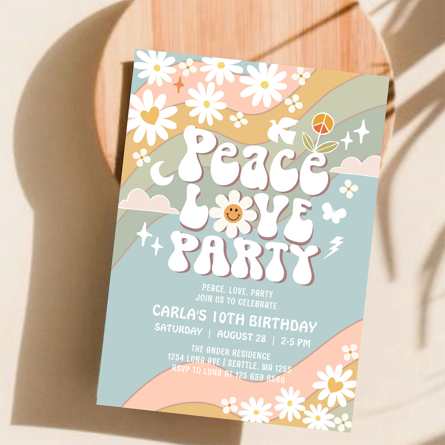 Peace Love Party Daisy Hippie 70S Birthday Invitation - Image 11