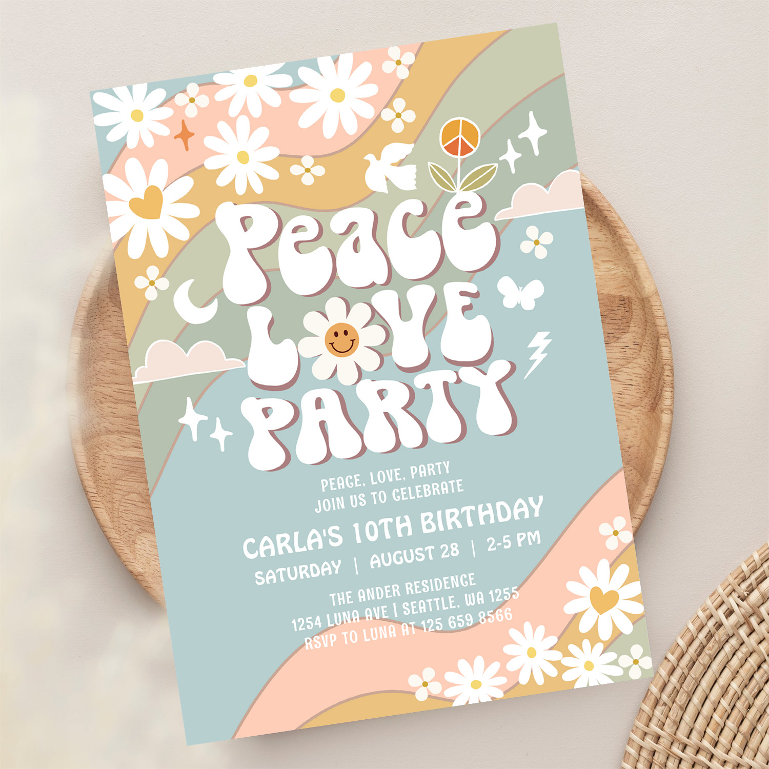 Peace Love Party Daisy Hippie 70S Birthday Invitation - Image 13