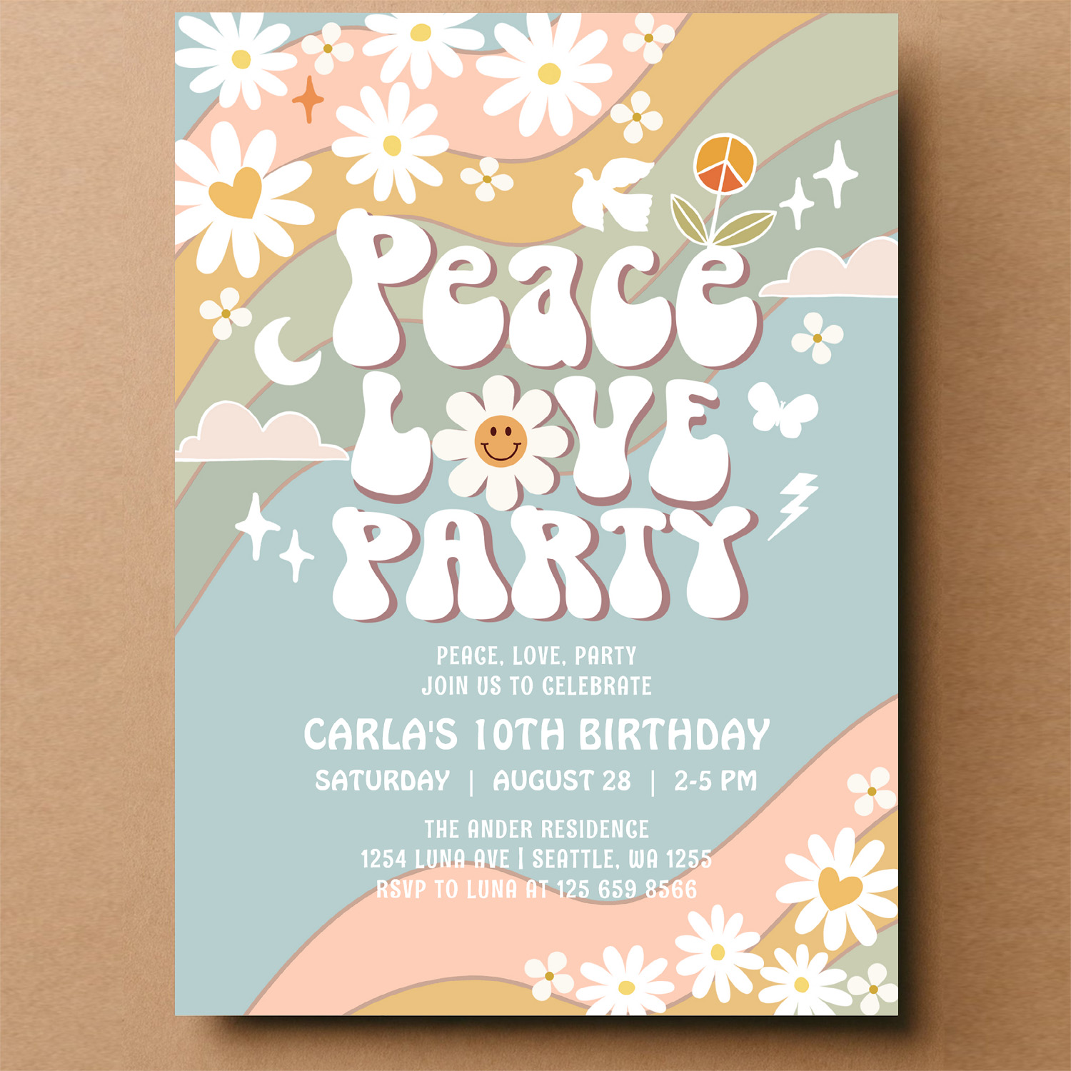 Peace Love Party Daisy Hippie 70S Birthday Invitation - Image 14